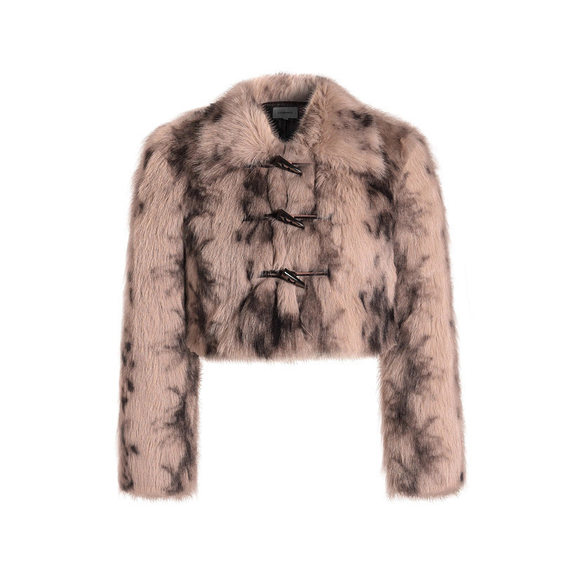 Manteau Court Léopard en Fausse Fourrure avec Boutons en Corne – Style Rétro et Élégant pour Femme
