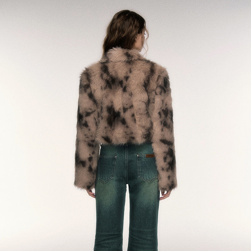 Manteau Court Léopard en Fausse Fourrure avec Boutons en Corne – Style Rétro et Élégant pour Femme