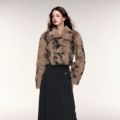 Manteau Court Léopard en Fausse Fourrure avec Boutons en Corne – Style Rétro et Élégant pour Femme