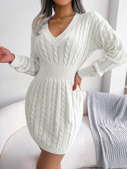 Robe Moulante Torsadée à Taille Cintrée en Laine pour Femme
