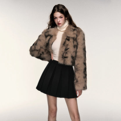 Manteau Court Léopard en Fausse Fourrure avec Boutons en Corne – Style Rétro et Élégant pour Femme
