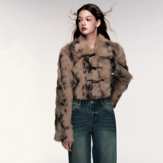 Manteau Court Léopard en Fausse Fourrure avec Boutons en Corne – Style Rétro et Élégant pour Femme